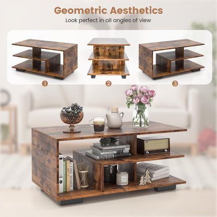 Dreamade Coffee Table with Storage, Modern Rectangular Accent Table with L-shaped Middle Shelf