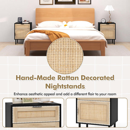 Dreamade Rattan Nightstand Set of 2, Mid Century Modern End Table with Drawer & Cabinet, Sofa Side Table with Sturdy Metal Legs