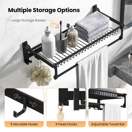 Dreamade Foldable Towel Rack for Bathroom, Wall Mounted Towel Holder Organizer w/ 1 Basket, 1 Towel Bar & 5 Sliding Hooks