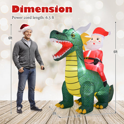Dreamade 6.7 FT Inflatable Christmas Santa Claus Riding Dinosaur Decoration with Lights Stakes