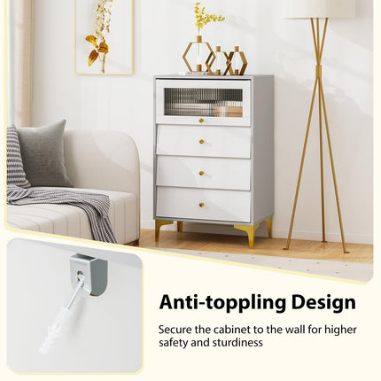 Dreamade 3 Drawer Dresser, Modern Storage Cabinet w/Flip Up Fluted Glass Door & Pull-Out Drawers