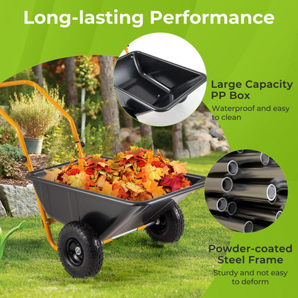Dreamade Dual-Wheel Wheelbarrow, Heavy-Duty Garden Utility Cart with Built-in Stand, Pneumatic Tires, 330 Lbs Capacity, Foldable Handle