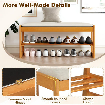 Dreamade Rubberwood Shoe Rack Bench with Linen Seat Cushion