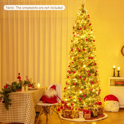 Dreamade 9 FT Pre-Lit Pencil Christmas Tree, Artificial Snow Flocked Hinged Fake Slim Xmas Tree with 470 Warm-White LED Lights