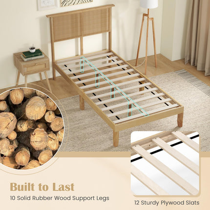Dreamade Queen/Full/Twin Size Bed Frames with Rattan Headboard, Boho Solid Wood Platform Bed with Wooden Slats