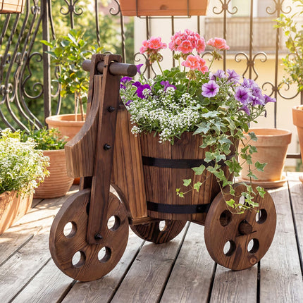 Dreamade Wooden Wagon Planter with Wheels Rustic Wood Plant Stand(Solid Wheel)