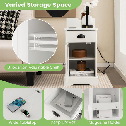 Dreamade End Table with Charging Station Set of 2, Flip Top Side Table with USB Ports and Outlets, White