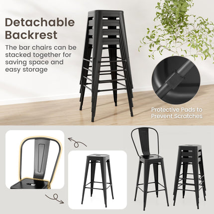 Dreamade Metal Bar Stools Set of 4, 30" High Back Bar Height Chairs w/Footrest & Removable Backrest