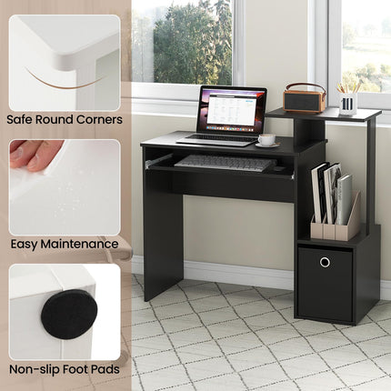 Dreamade Computer Desk with Keyboard Tray, Compact Home Office Desk with Fabric Drawer & Storage Shelf