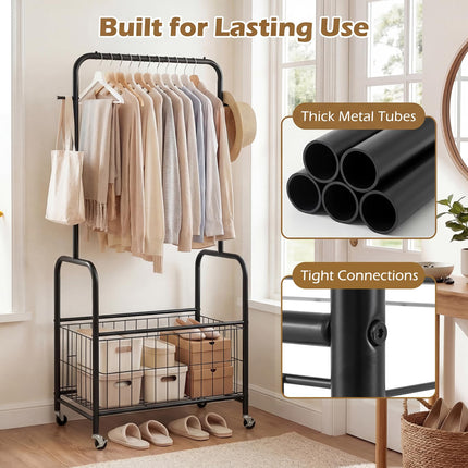 Dreamade 35" Clothes Rack with Storage Basket & Lockable Wheels