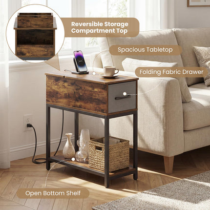 Dreamade Narrow Side Table with Charging Station and LED Lights Industrial End Table