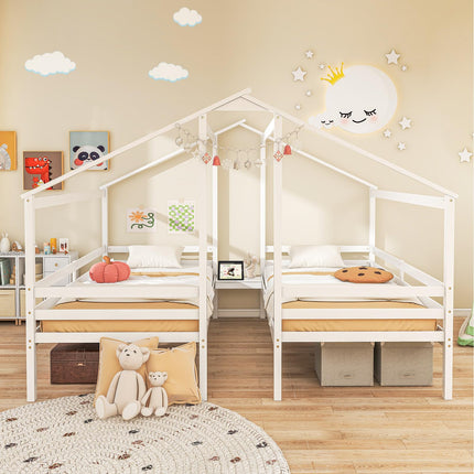 Dreamade Double Twin Bed Frames for Kids, Wood House Shaped Platform with Built-in Nightstand & USB Port