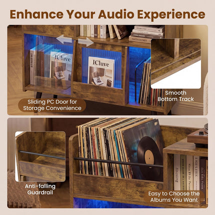 Dreamade Large Record Player Stand with LED Light& Sliding Door