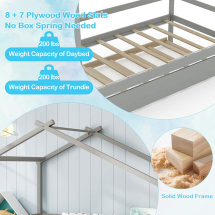Dreamade Wood House Bed for Kids, Twin Bed Frame with Trundle Bed Twin
