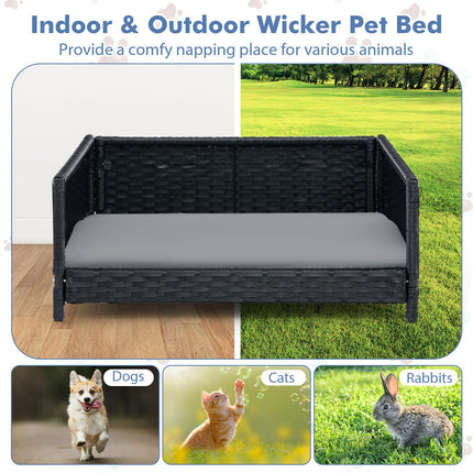 Dreamade Wicker Dog Bed, Raised Woven Rattan Pet Bed Sofa Couch w/Waterproof & Washable Cushion