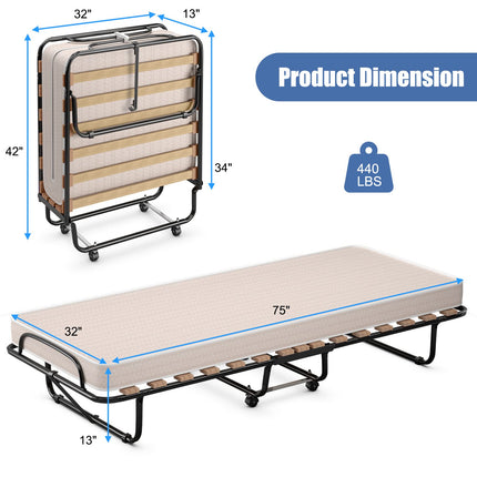 Dreamade Folding Bed with Mattress for Adults, 75" x 32" Rollaway Guest Beds w/ 3 Inch Foam Mattress & Sturdy Metal Frame