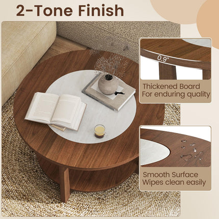 Dreamade 2-Tier Round Farmhouse Living Room Coffee Table with 2-Tone Tabletop