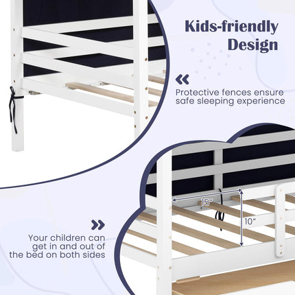 Dreamade Twin House Bed with Tent, Wood Kids Bed with 2 Storage Drawers, Solid Wood Daybed Frame with Rails and Roof