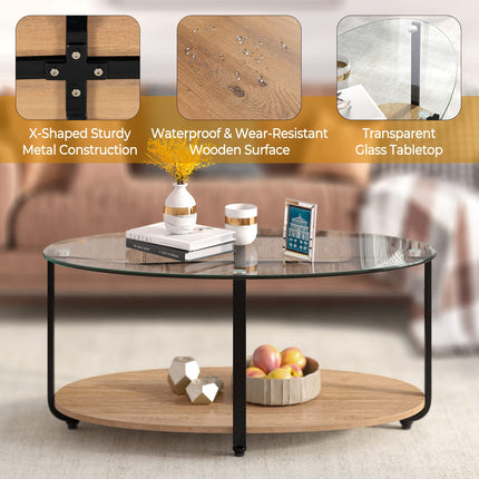 DREAMADE 2 Tier Glass Coffee Table, Oval Modern Home Furniture w/Open Storage Shelf & Sturdy Metal Legs