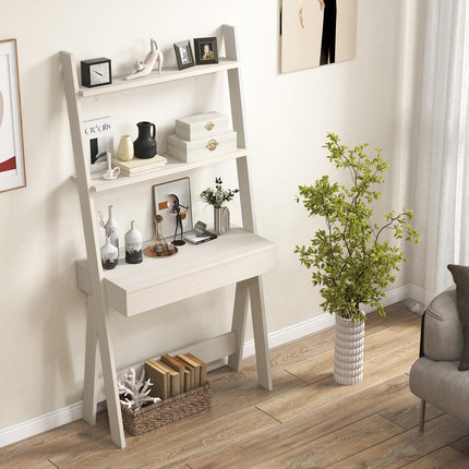Dreamade 3 Tier Ladder Desk with Drawer, 33’’ Width Ladder Shelf with Anti-tipping Device, Freestanding Bookshelf