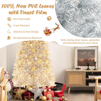Dreamade 6ft Pre-lit Silver Pencil Christmas Tree, Artificial Tinsel Electroplated Tree, Decor for Home