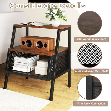 Dreamade Industrial Nightstand 3-Tier End Table with 2 Open Shelves and Metal Mesh Compartment