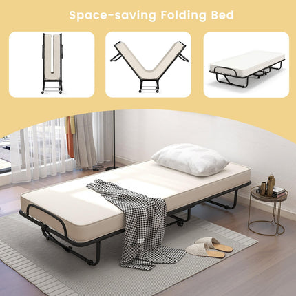 Dreamade Folding Bed with Mattress for Adults, 75" x 31" Cot Size Portable Rollaway Bed with Sturdy Metal Frame