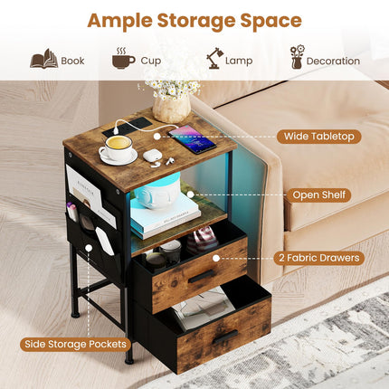 Dreamade Night Stand with Charging Station | LED Sofa End Table w/2 Folding Fabric Drawers