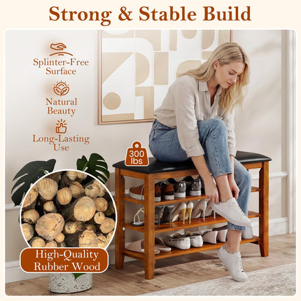 Dreamade 4-Tier Shoe Rack Bench | Rubber Wood Entryway Bench with Adjustable Shelves