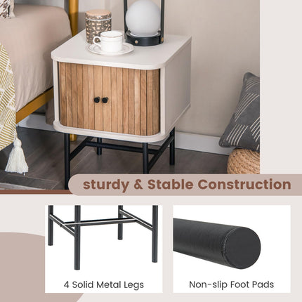 Dreamade Mid-Century Modern Nightstand, Wood Bedside Table with Sliding Doors and 4 Metal Legs