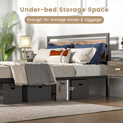 Dreamade Queen Metal Platform Bed Frame with Wooden Headboard & Footboard, Rustic Brown