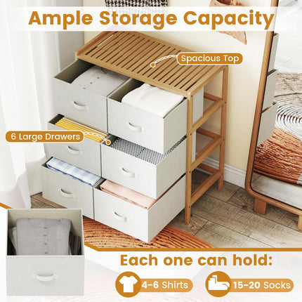 Dreamade White Dresser for Bedroom Bamboo 6 Fabric Drawers Storage Tower with Top Shelf