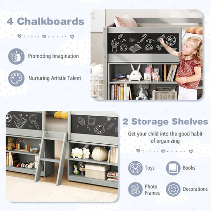 Dreamade Low Loft Bed Twin Size, Wooden Loft Bed with Ladder & Blackboard