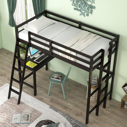 Dreamade Twin Size Loft Bed with Desk, Solid Wood Loft Bed with 2 Ladders & Full Length Guardrail