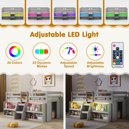 Dreamade Low Loft Bed with LED Lights, Wooden Twin Loft Bed with Stairs & Safety Guardrail