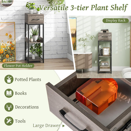 Dreamade 3 Tier Tall Plant Stand Indoor, 36 Inch Corner Plant Holder with Drawer & Metal Frame