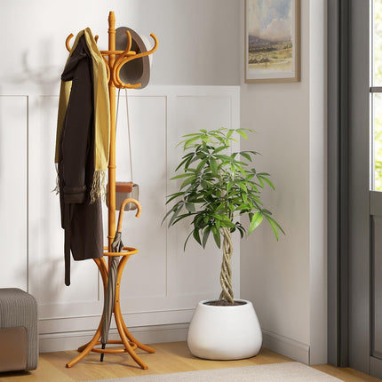 Dreamade Solid Wood Coat Rack, Freestanding Hall Tree w/12 Hooks, Umbrella Holder, Entryway Hanger Stand for Coat