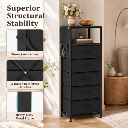 Dreamade Modern 39" Bedside Table with Integrated Charging Station & 5 Fabric Drawers (1/2)