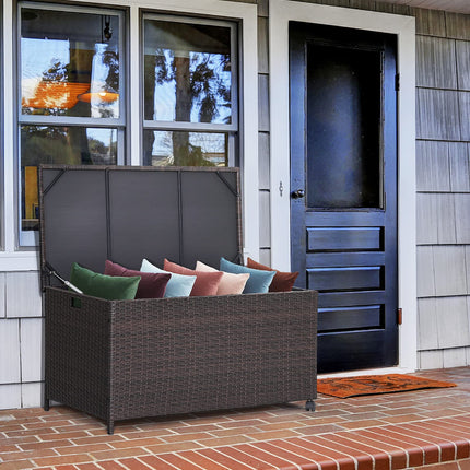 Dreamade Outdoor Wicker Storage Box - 50 Gallon PE Rattan Storage Container with Lid, Mix Brown