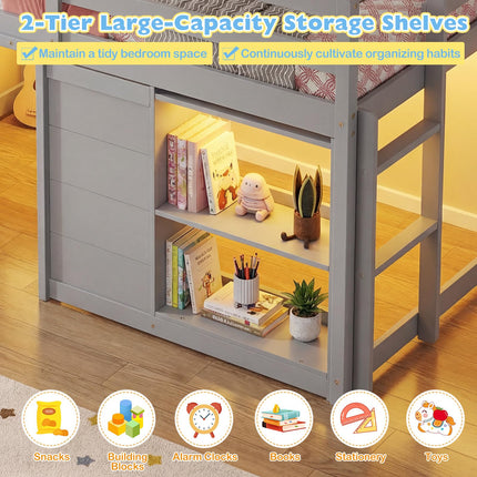 Dreamade Wooden Low Kids Loft Bed with LED Lights and 2 Doors