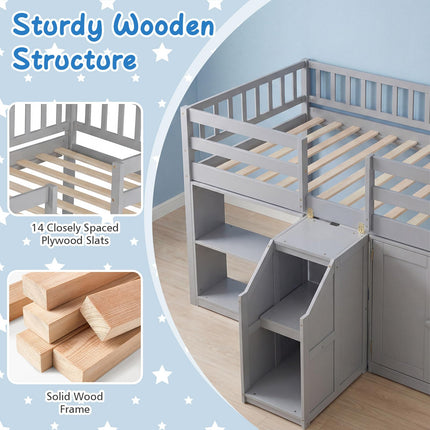 Dreamade Low Loft Bed Twin Size with LED Lights, Wooden Bed Frame