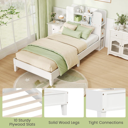 Dreamade Twin Bed Frames for Kids, Wooden Twin Size Bed with Storage Bookcase Headboard