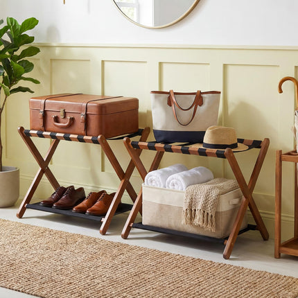 Dreamade Folding Luggage Rack | Solid Rubber Wood Suitcase Stand with Storage Shelves
