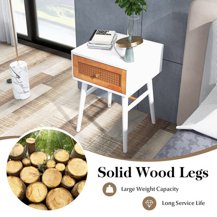 Dreamade Rattan Nightstand, Boho End Side Table with Rattan Decorated Storage Drawer & Solid Wood Legs