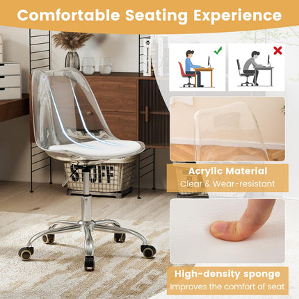 Dreamade Acrylic Clear Desk Chair with PU Leather Cushion Modern Small Home Office Chair with Wheels