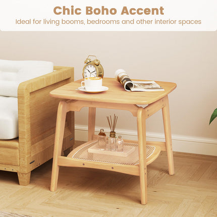 Dreamade Rattan Side Table, Boho End Table with Storage Shelf, 2-Tier Bedside Table for Small Spaces