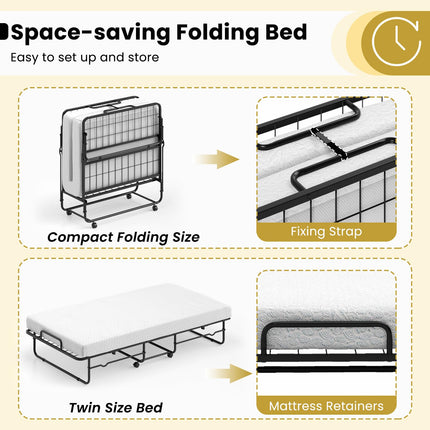 Dreamade Twin Folding Bed with Mattress, Roll Away Bed Portable Guest Bed w/Sturdy Metal Frame