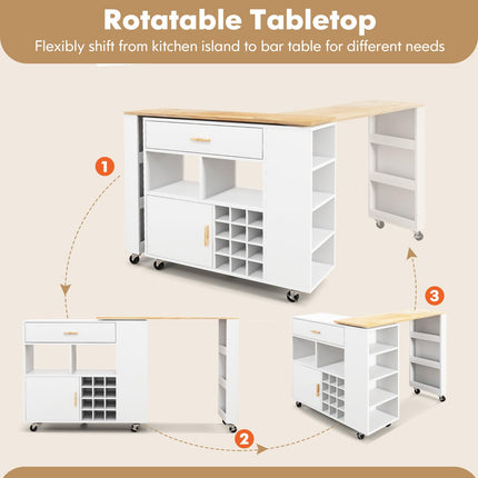 Dreamade Mobile Kitchen Island Cart - 2-in-1 Reversible Serving Cart Bar Table Combo, White