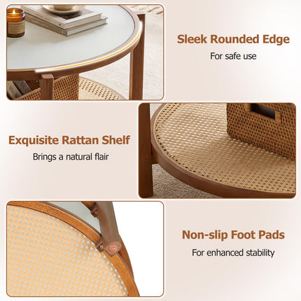 Dreamade 35" Rattan Farmhouse Glass Center Table with Storage