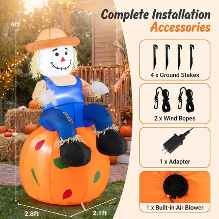 DREAMADE 4 FT Fall Inflatable Decoration Scarecrow Sitting on Pumpkin